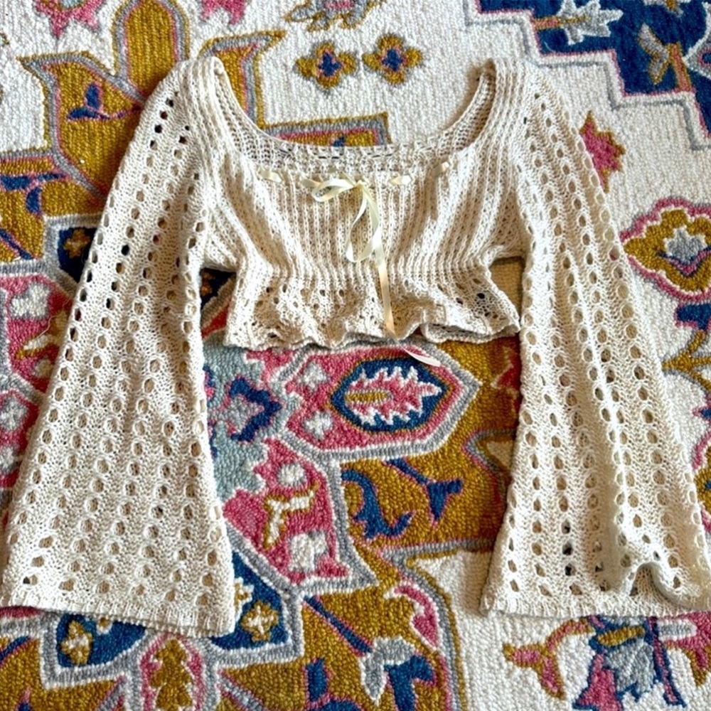 Cream Knit Crochet Top - ROMWE